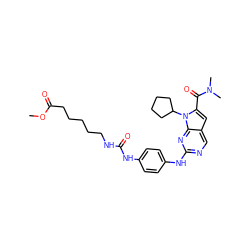 COC(=O)CCCCCNC(=O)Nc1ccc(Nc2ncc3cc(C(=O)N(C)C)n(C4CCCC4)c3n2)cc1 ZINC001772651076