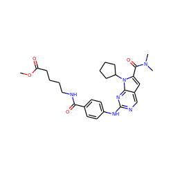 COC(=O)CCCCNC(=O)c1ccc(Nc2ncc3cc(C(=O)N(C)C)n(C4CCCC4)c3n2)cc1 ZINC001772657142