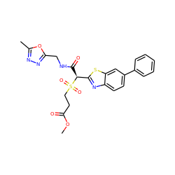COC(=O)CCS(=O)(=O)[C@@H](C(=O)NCc1nnc(C)o1)c1nc2ccc(-c3ccccc3)cc2s1 ZINC000145489370