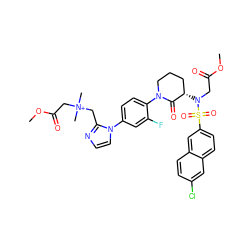 COC(=O)CN([C@H]1CCCN(c2ccc(-n3ccnc3C[N+](C)(C)CC(=O)OC)cc2F)C1=O)S(=O)(=O)c1ccc2cc(Cl)ccc2c1 ZINC000034689257