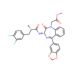 COC(=O)CN1C(=O)[C@@H](NC(=O)[C@@H](C)Cc2ccc(F)c(F)c2)N=C(c2ccc3c(c2)OCO3)c2ccccc21 ZINC000027407360