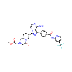 COC(=O)CN1CC(=O)N2C[C@H](c3nc(-c4ccc(C(=O)Nc5cc(C(F)(F)F)ccn5)cc4)c4c(N)nccn34)CC[C@H]2C1 ZINC000145570310