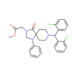 COC(=O)CN1CN(c2ccccc2)C2(CCN(C(c3ccccc3Cl)c3ccccc3Cl)CC2)C1=O ZINC000042877756