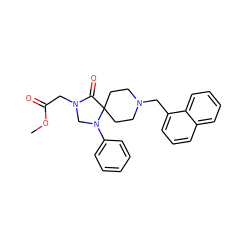 COC(=O)CN1CN(c2ccccc2)C2(CCN(Cc3cccc4ccccc34)CC2)C1=O ZINC000001549589