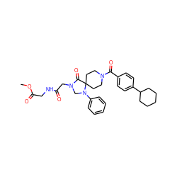 COC(=O)CNC(=O)CN1CN(c2ccccc2)C2(CCN(C(=O)c3ccc(C4CCCCC4)cc3)CC2)C1=O ZINC000066251592