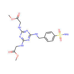 COC(=O)CNc1nc(NCC(=O)OC)nc(NCc2ccc(S(N)(=O)=O)cc2)n1 ZINC000072107102