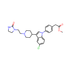 COC(=O)Cc1ccc(-n2cc(C3CCN(CCN4CCNC4=O)CC3)c3cc(Cl)ccc32)cc1 ZINC000013489958