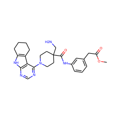 COC(=O)Cc1cccc(NC(=O)C2(CN)CCN(c3ncnc4[nH]c5c(c34)CCCC5)CC2)c1 ZINC000653848786