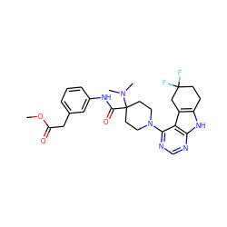 COC(=O)Cc1cccc(NC(=O)C2(N(C)C)CCN(c3ncnc4[nH]c5c(c34)CC(F)(F)CC5)CC2)c1 ZINC000653849263