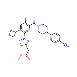 COC(=O)Cc1nc(-c2cc(C(=O)N3CCC(c4ccc(C#N)cc4)CC3)c(C)cc2C2CCC2)n[nH]1 ZINC000220785490