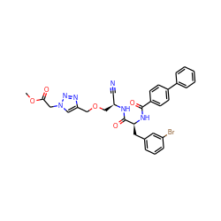 COC(=O)Cn1cc(COC[C@@H](C#N)NC(=O)[C@H](Cc2cccc(Br)c2)NC(=O)c2ccc(-c3ccccc3)cc2)nn1 ZINC000653878454