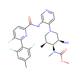 COC(=O)N(C)[C@H]1[C@@H](C)CN(c2ccncc2NC(=O)c2ccc(F)c(-c3c(F)cc(C)cc3F)n2)C[C@H]1N ZINC000207270761