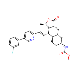 COC(=O)N[C@@H]1CC[C@@H]2[C@@H](C1)C[C@H]1C(=O)O[C@H](C)[C@H]1[C@H]2/C=C/c1ccc(-c2cccc(F)c2)cn1 ZINC000049881700