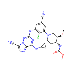 COC(=O)N[C@@H]1CCN(c2cc(C#N)cc(Nc3nc(NC4CC4)c4ncc(C#N)n4n3)c2Cl)C[C@H]1OC ZINC000169711924