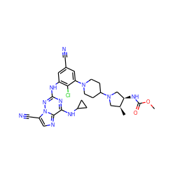 COC(=O)N[C@@H]1CN(C2CCN(c3cc(C#N)cc(Nc4nc(NC5CC5)c5ncc(C#N)n5n4)c3Cl)CC2)C[C@@H]1C ZINC000169711912