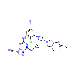 COC(=O)N[C@@H]1CN(C2CN(c3cc(C#N)cc(Nc4nc(NC5CC5)c5ncc(C#N)n5n4)c3Cl)C2)C[C@H]1C ZINC000169711917