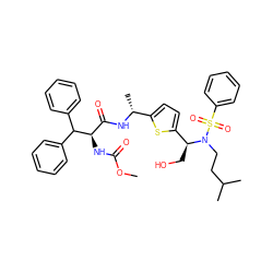 COC(=O)N[C@H](C(=O)N[C@H](C)c1ccc([C@H](CO)N(CCC(C)C)S(=O)(=O)c2ccccc2)s1)C(c1ccccc1)c1ccccc1 ZINC000222278470