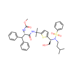 COC(=O)N[C@H](C(=O)NC(C)(C)c1ccc([C@H](CO)N(CCC(C)C)S(=O)(=O)c2ccccc2)s1)C(c1ccccc1)c1ccccc1 ZINC000207230888