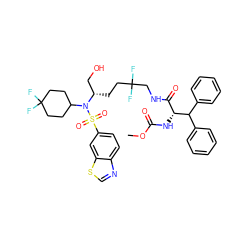 COC(=O)N[C@H](C(=O)NCC(F)(F)CC[C@@H](CO)N(C1CCC(F)(F)CC1)S(=O)(=O)c1ccc2ncsc2c1)C(c1ccccc1)c1ccccc1 ZINC000168562587
