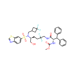 COC(=O)N[C@H](C(=O)NCC(F)(F)CC[C@@H](CO)N(CC1CC(F)(F)C1)S(=O)(=O)c1ccc2ncsc2c1)C(c1ccccc1)c1ccccc1 ZINC000220079579