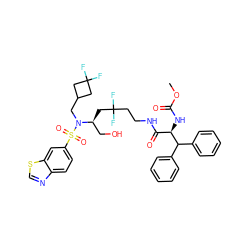 COC(=O)N[C@H](C(=O)NCCC(F)(F)C[C@@H](CO)N(CC1CC(F)(F)C1)S(=O)(=O)c1ccc2ncsc2c1)C(c1ccccc1)c1ccccc1 ZINC000219662636
