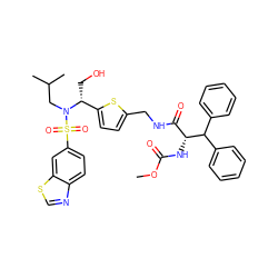 COC(=O)N[C@H](C(=O)NCc1ccc([C@@H](CO)N(CC(C)C)S(=O)(=O)c2ccc3ncsc3c2)s1)C(c1ccccc1)c1ccccc1 ZINC000222287708