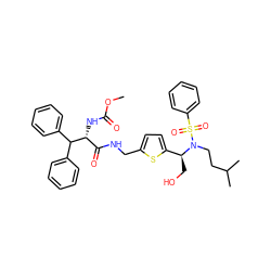 COC(=O)N[C@H](C(=O)NCc1ccc([C@H](CO)N(CCC(C)C)S(=O)(=O)c2ccccc2)s1)C(c1ccccc1)c1ccccc1 ZINC000222277416