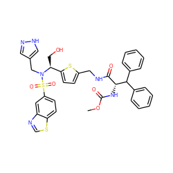 COC(=O)N[C@H](C(=O)NCc1ccc([C@H](CO)N(Cc2cn[nH]c2)S(=O)(=O)c2ccc3scnc3c2)s1)C(c1ccccc1)c1ccccc1 ZINC000207261640
