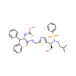 COC(=O)N[C@H](C(=O)NCc1ncc([C@H](CO)N(CCC(C)C)S(=O)(=O)c2ccccc2)s1)C(c1ccccc1)c1ccccc1 ZINC000222277275