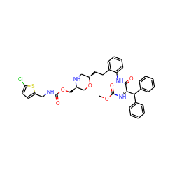 COC(=O)N[C@H](C(=O)Nc1ccccc1CC[C@@H]1CN[C@H](COC(=O)NCc2ccc(Cl)s2)CO1)C(c1ccccc1)c1ccccc1 ZINC000653837794