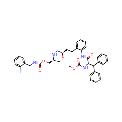 COC(=O)N[C@H](C(=O)Nc1ccccc1CC[C@@H]1CN[C@H](COC(=O)NCc2ccccc2F)CO1)C(c1ccccc1)c1ccccc1 ZINC000222633167