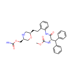 COC(=O)N[C@H](C(=O)Nc1ccccc1CC[C@@H]1CN[C@H](COC([NH])=O)CO1)C(c1ccccc1)c1ccccc1 ZINC000653837904