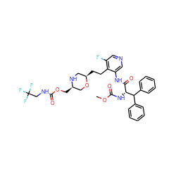 COC(=O)N[C@H](C(=O)Nc1cncc(F)c1CC[C@@H]1CN[C@H](COC(=O)NCC(F)(F)F)CO1)C(c1ccccc1)c1ccccc1 ZINC000653834571