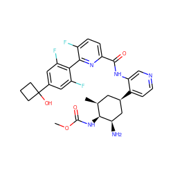COC(=O)N[C@H]1[C@@H](C)C[C@@H](c2ccncc2NC(=O)c2ccc(F)c(-c3c(F)cc(C4(O)CCC4)cc3F)n2)C[C@H]1N ZINC000261109796