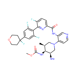 COC(=O)N[C@H]1[C@@H](C)CN(c2ccncc2NC(=O)c2ccc(F)c(-c3c(F)cc(C4(F)CCOCC4)cc3F)n2)C[C@H]1N ZINC000261189347