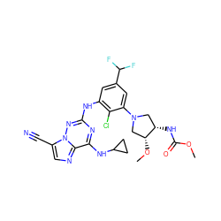 COC(=O)N[C@H]1CN(c2cc(C(F)F)cc(Nc3nc(NC4CC4)c4ncc(C#N)n4n3)c2Cl)C[C@H]1OC ZINC000169711931