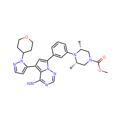 COC(=O)N1C[C@H](C)N(c2cccc(-c3cc(-c4ccnn4C4CCOCC4)c4c(N)ncnn34)c2)[C@H](C)C1 ZINC001772578166