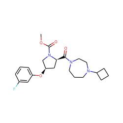 COC(=O)N1C[C@H](Oc2cccc(F)c2)C[C@@H]1C(=O)N1CCCN(C2CCC2)CC1 ZINC000072181464