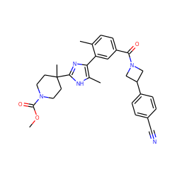 COC(=O)N1CCC(C)(c2nc(-c3cc(C(=O)N4CC(c5ccc(C#N)cc5)C4)ccc3C)c(C)[nH]2)CC1 ZINC000219006993