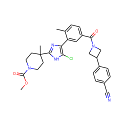 COC(=O)N1CCC(C)(c2nc(-c3cc(C(=O)N4CC(c5ccc(C#N)cc5)C4)ccc3C)c(Cl)[nH]2)CC1 ZINC000220794665