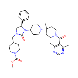 COC(=O)N1CCC(CN2C[C@@H](c3ccccc3)N(C3CCN(C4(C)CCN(C(=O)c5c(C)ncnc5C)CC4)CC3)C2=O)CC1 ZINC000049777311