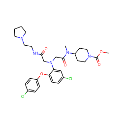 COC(=O)N1CCC(N(C)C(=O)CN(CC(=O)NCCN2CCCC2)c2cc(Cl)ccc2Oc2ccc(Cl)cc2)CC1 ZINC000299824640