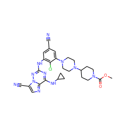 COC(=O)N1CCC(N2CCN(c3cc(C#N)cc(Nc4nc(NC5CC5)c5ncc(C#N)n5n4)c3Cl)CC2)CC1 ZINC000169711899