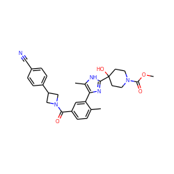 COC(=O)N1CCC(O)(c2nc(-c3cc(C(=O)N4CC(c5ccc(C#N)cc5)C4)ccc3C)c(C)[nH]2)CC1 ZINC000220791914