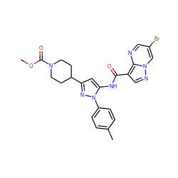 COC(=O)N1CCC(c2cc(NC(=O)c3cnn4cc(Br)cnc34)n(-c3ccc(C)cc3)n2)CC1 ZINC000142409935