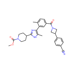 COC(=O)N1CCC(c2nc(-c3cc(C(=O)N4CC(c5ccc(C#N)cc5)C4)ccc3C)c(C)[nH]2)CC1 ZINC000219033469