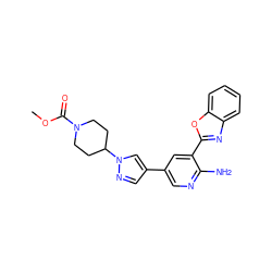 COC(=O)N1CCC(n2cc(-c3cnc(N)c(-c4nc5ccccc5o4)c3)cn2)CC1 ZINC000053246811