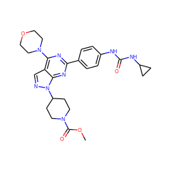 COC(=O)N1CCC(n2ncc3c(N4CCOCC4)nc(-c4ccc(NC(=O)NC5CC5)cc4)nc32)CC1 ZINC000043016373