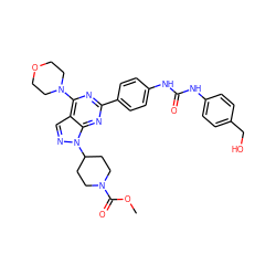 COC(=O)N1CCC(n2ncc3c(N4CCOCC4)nc(-c4ccc(NC(=O)Nc5ccc(CO)cc5)cc4)nc32)CC1 ZINC000043077644