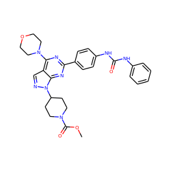 COC(=O)N1CCC(n2ncc3c(N4CCOCC4)nc(-c4ccc(NC(=O)Nc5ccccc5)cc4)nc32)CC1 ZINC000049785028